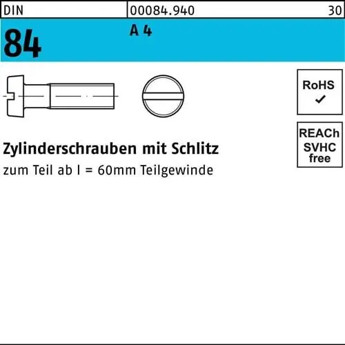 Zylinderschraube DIN 84/ISO 1207 Schlitz M4x 40 A 4 500 Stück Markenprodukt