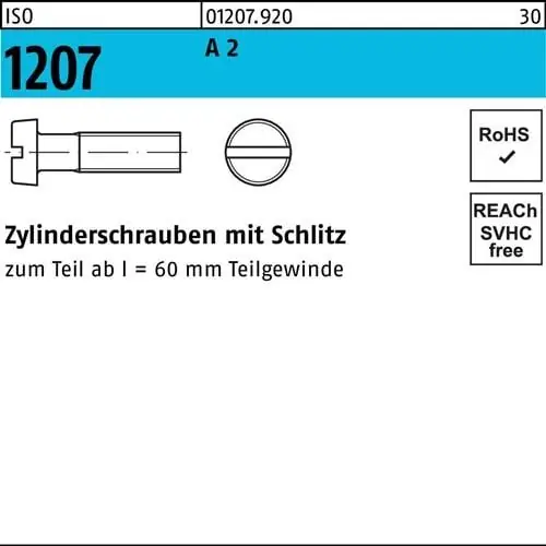 Zylinderschraube ISO 1207 Schlitz M6x 100 A 2 50 Stück Begrenztes Angebot