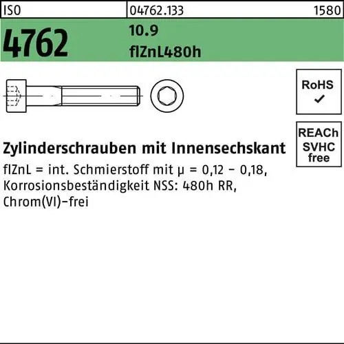 Zylinderschraube ISO 4762 Innen-6kt M8x70 10.9 zinklamellenb. 200St. Beliebt