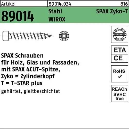 ZYLKOschraube R 89014 T-STAR 8x 200-T40 Stahl WIROX 50 Stück SPAX Preisreduziert