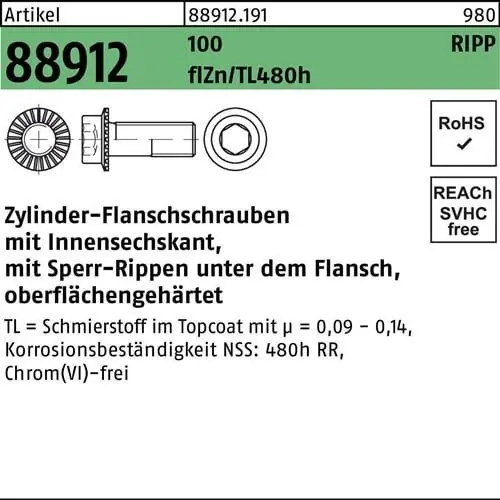 Zylinderflanschschraube R 88912 Sperr-Ripp In.-6kt M10x20 100 flZnnc480h-L 200St Nur Heute
