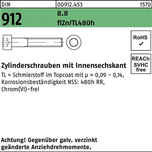 Zertifiziert Zylinderschraube DIN 912 Innen-6kt M12x50 8.8 flZnnc 480h-L 100St.