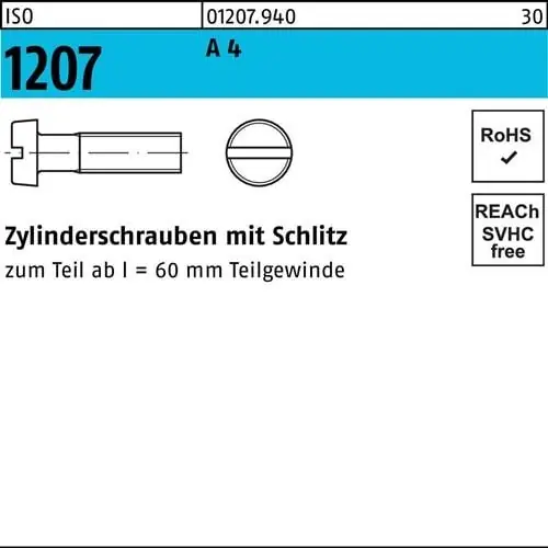 Zylinderschraube ISO 1207 Schlitz M4x 35 A 4 500 Stück Preis Gesenkt